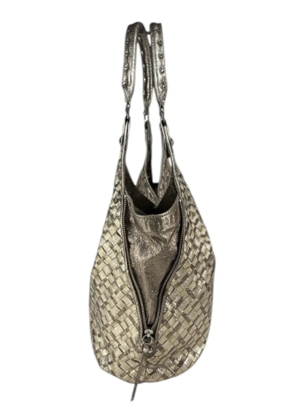 Elliott Lucca Silver Platinum Woven Leather Hobo Shoulder Bag Expandable Sides